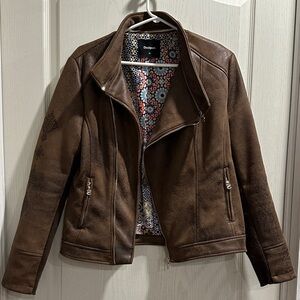 Desigual Brown Women's Faux Leather Moto Jacket with Embroidered Motifs